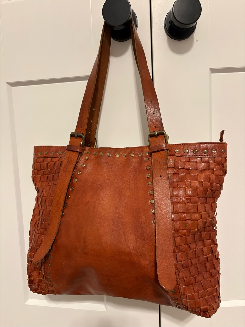 Woven Leather Tote Bag in Cognac Brown